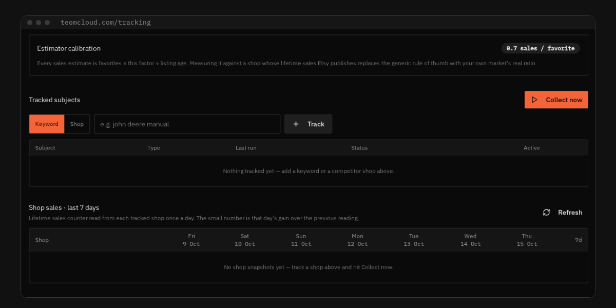 TEOM Tracking and calibration page
