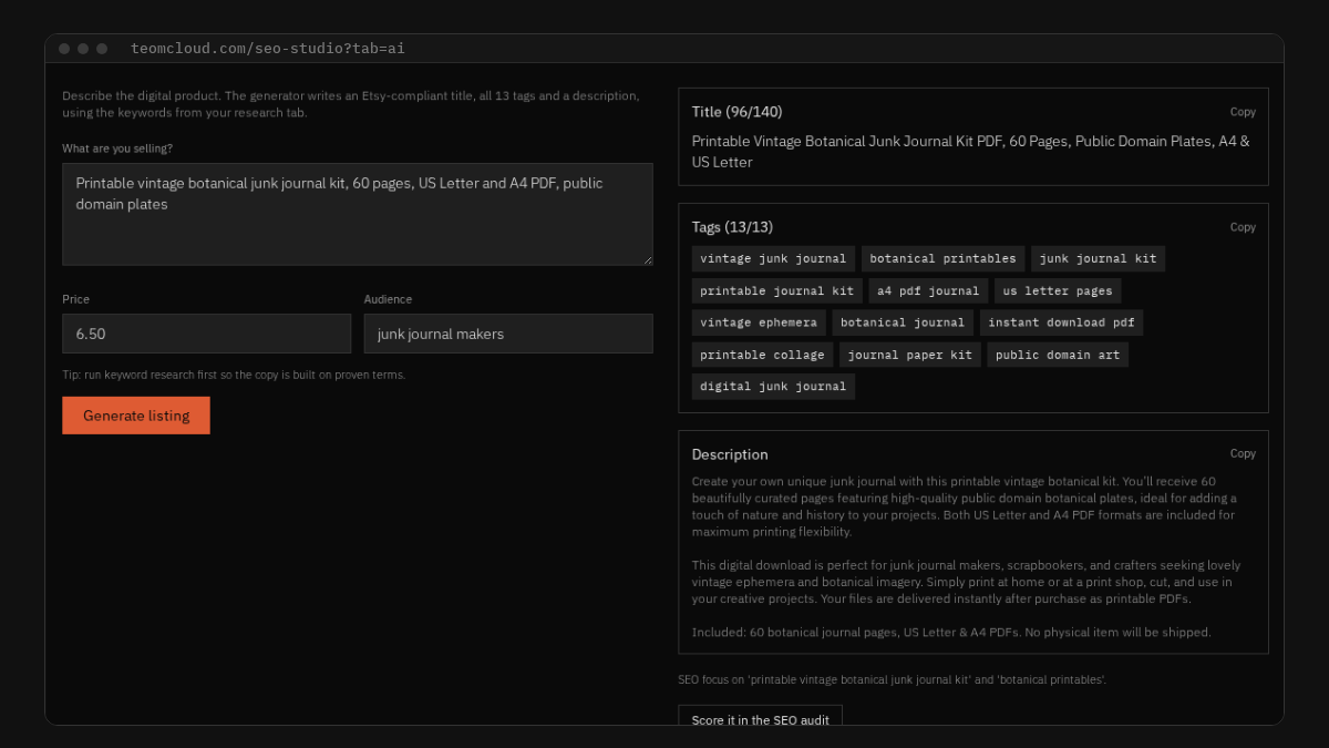 TEOM AI listing output for a botanical junk journal kit